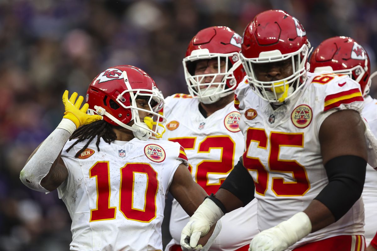 Isiah Pacheco #10 of the Kansas City Chiefs celebrates during the AFC Championship NFL football game against the Baltimore Ravens at M&amp;T Bank Stadium on January 28, 2024 in Baltimore, Maryland.