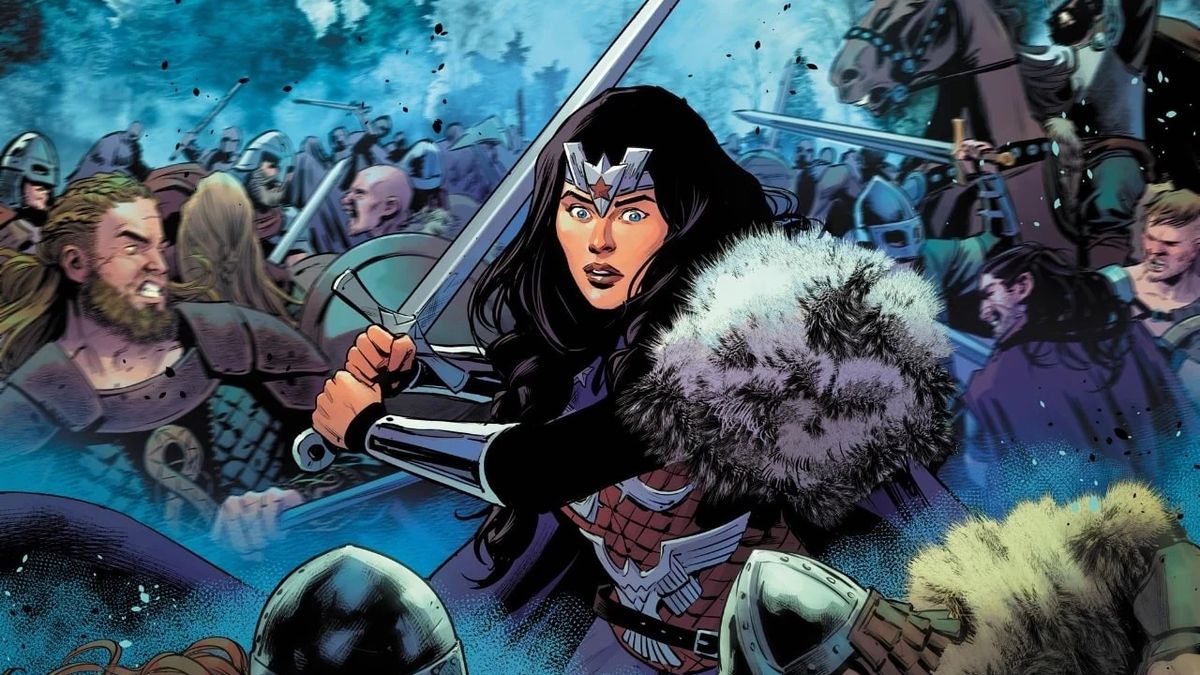 Wonder Woman raises her sword, confused, in the middle of a viking melee in Wonder Woman #770, DC Comics (2021). 