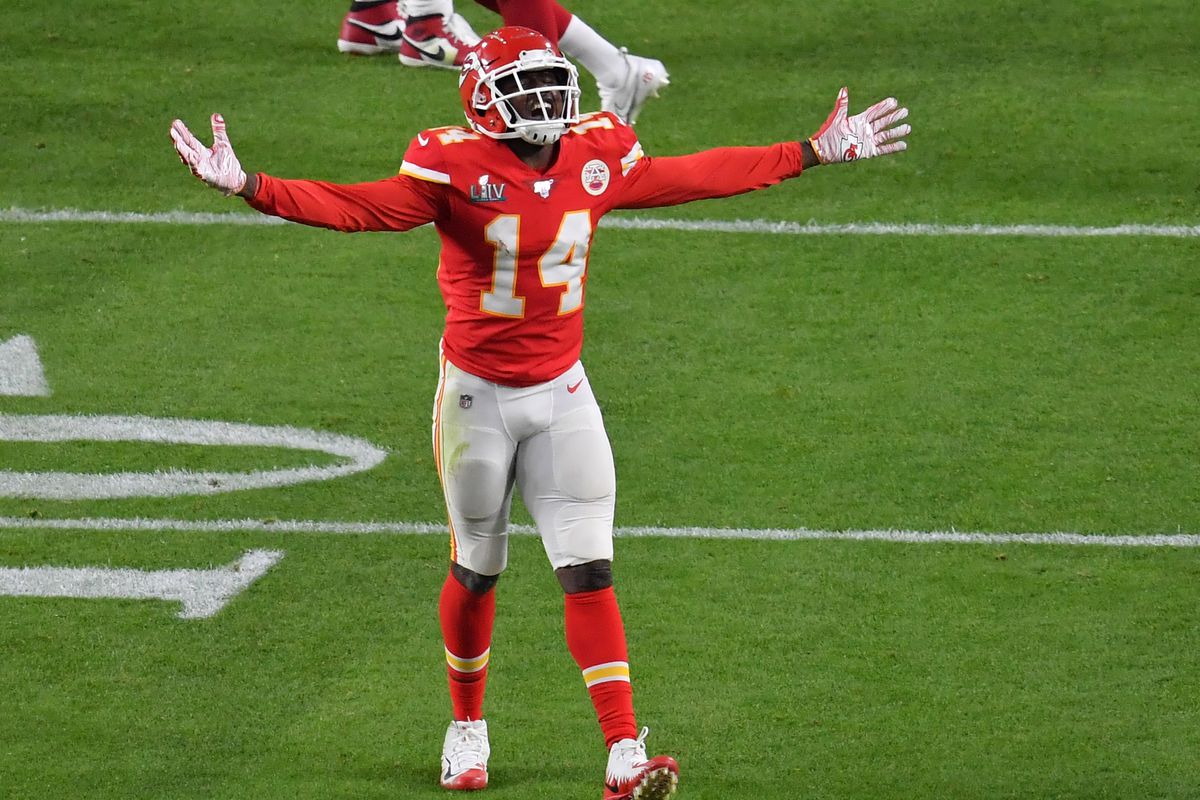 Kansas City Chiefs wide receiver Sammy Watkins celebrates after a touchdown by running back Damien Williams in the fourth quarter against the San Francisco 49ers in Super Bowl LIV at Hard Rock Stadium.