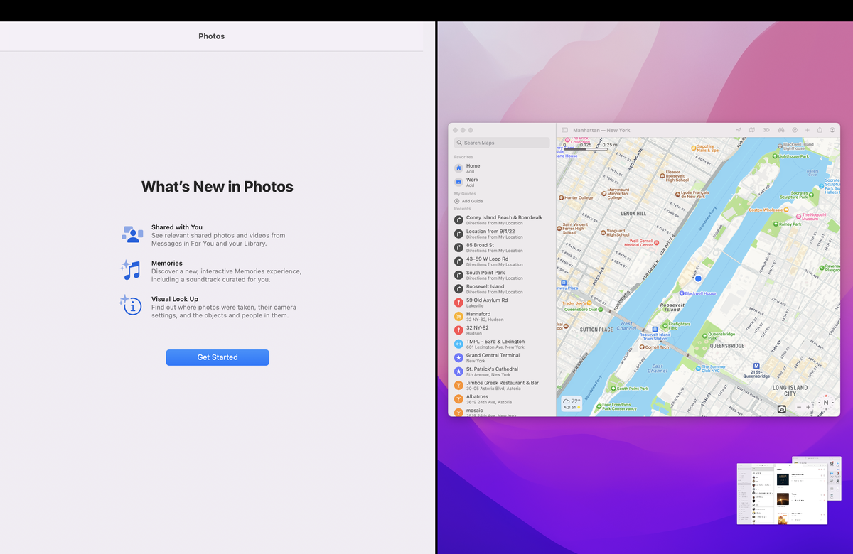 Una captura de pantalla de la vista de pantalla dividida en macOS Monterey con Fotos abiertas a la izquierda y Mapas como una opción en el panel derecho.