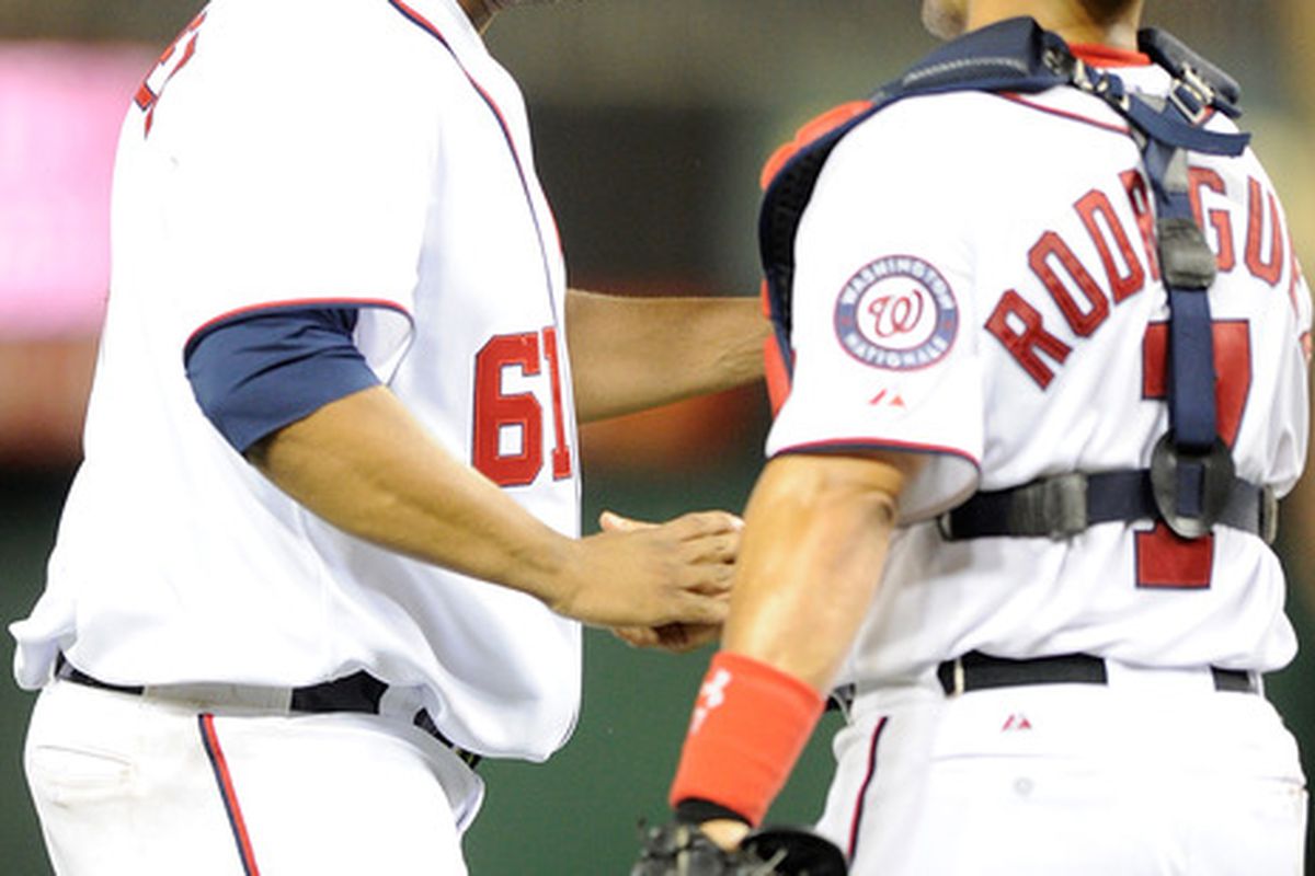 Livan Hernandez #61 and Ivan Rodriguez #7 may have played their last games for the Washington Nationals this past September. Both are now free agents who aren't considered likely to return to the nation's capital.  (Photo by Greg Fiume/Getty Images)