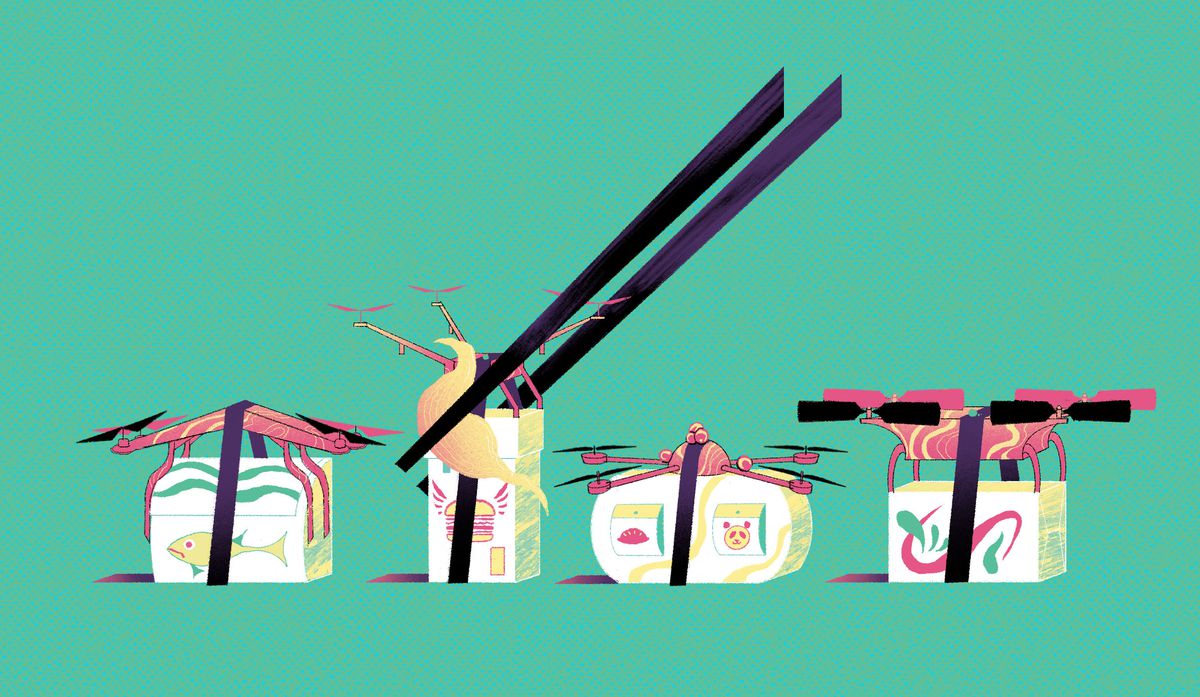 Illustration of four different takeout containers, attached to drones.