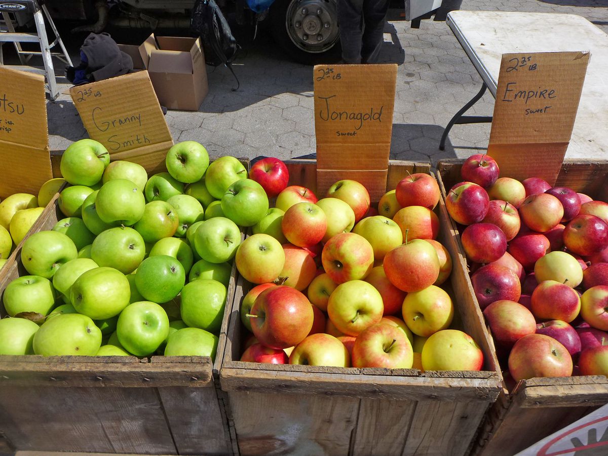 Four wooden bins of apples in shades of red, yellow, green, or mottled.