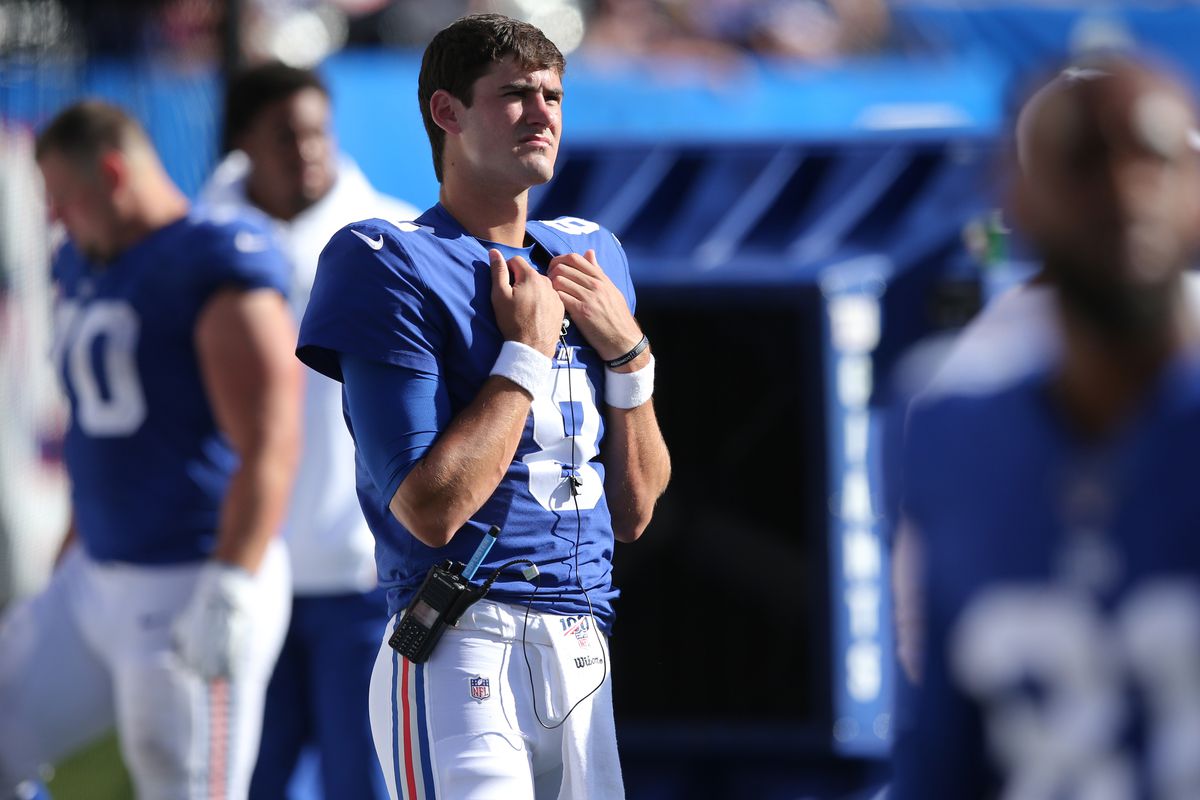 New York Giants quarterback Daniel Jones watches from the sideline during the fourth quarter against the Buffalo Bills at MetLife Stadium.