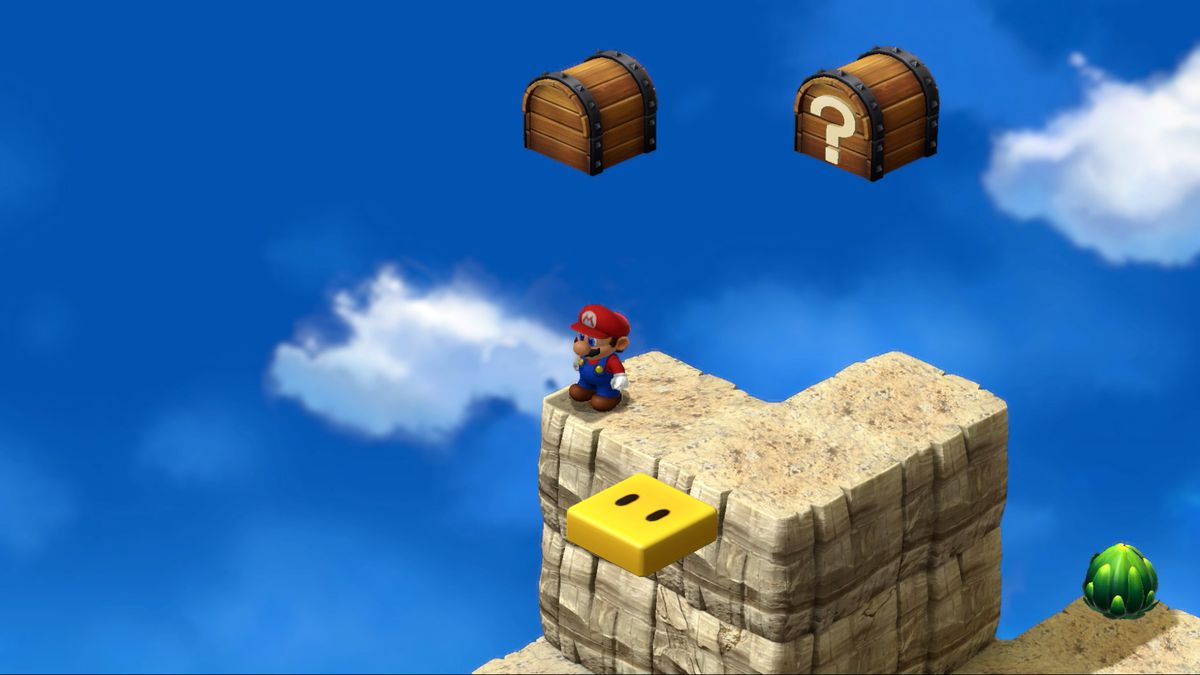 Mario stands at the very top of a mountain in Land’s End in Super Mario RPG.