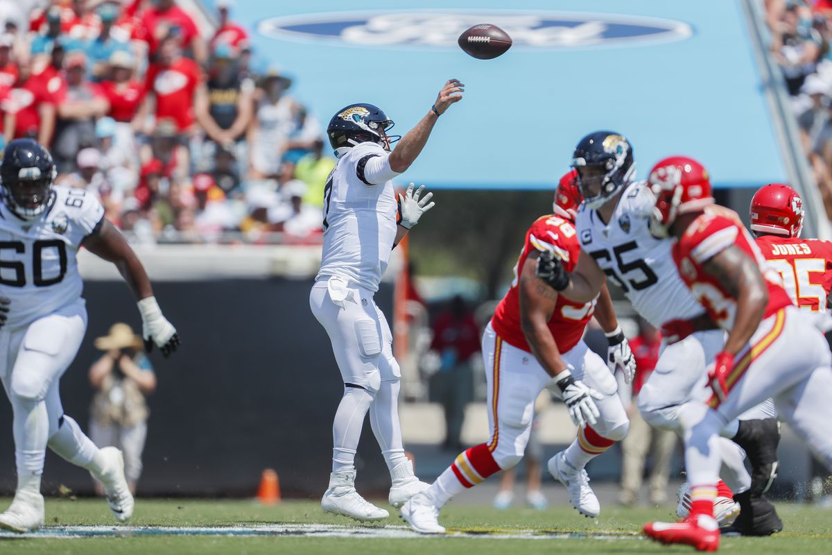 Jacksonville Jaguars quarterback Nick Foles throws a pass during the first quarter against the Kansas City Chiefs at TIAA Bank Field on September 08, 2019 in Jacksonville, Florida.