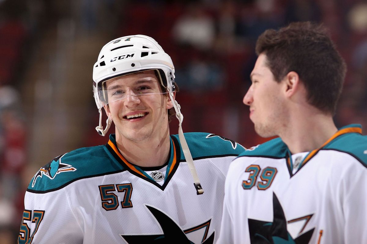 Tommy Wingels, left, with Logan Couture in 2012.