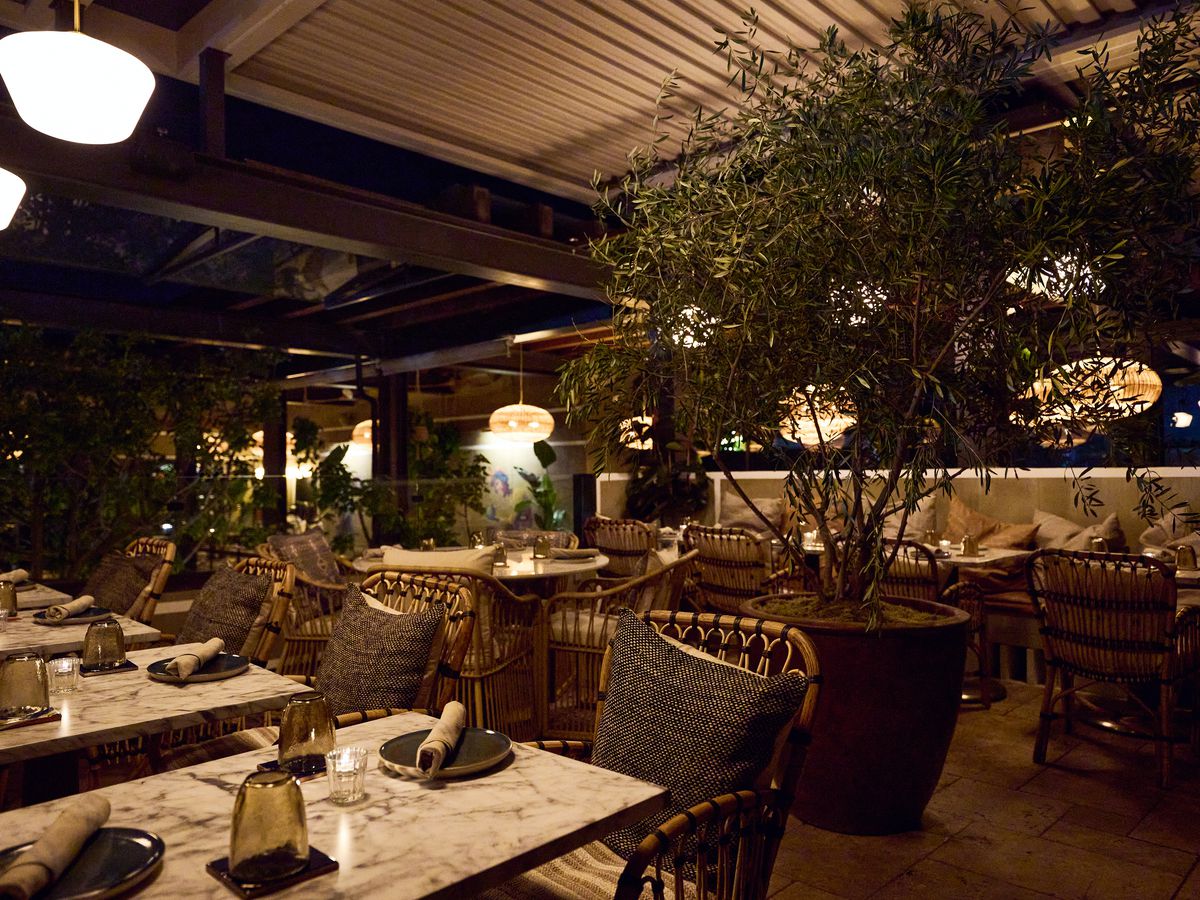 Rooftop dining room with tables, chairs, and lots of plants at Mírate in Los Angeles, California.