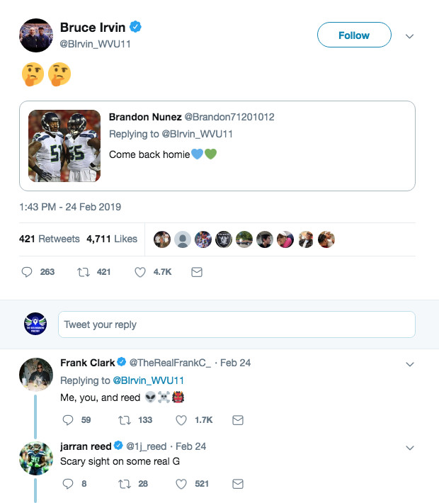 Bruce Irvin posts two thinking emojis to a Twitter user asking him to “come back homie.” Frank Clark says, “Me, you and reed.” Jarran Reed says, “Scary sign on some real G.”