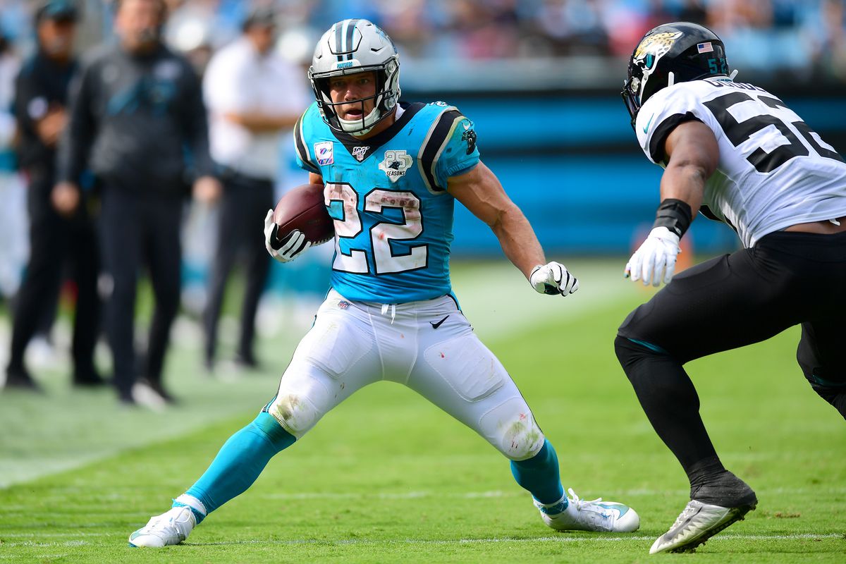 Christian McCaffrey of the Carolina Panthers during the second half of their game against the Jacksonville Jaguars at Bank of America Stadium on October 06, 2019 in Charlotte, North Carolina.