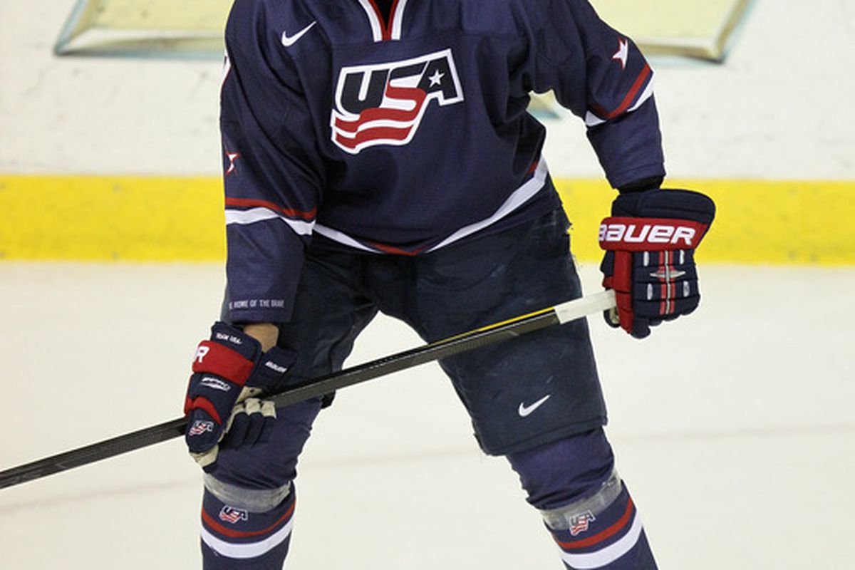 LAKE PLACID, NY - AUGUST 10:  Seth Jones #7 of Team USA skates against Team Sweden at the Lake Placid Olympic Center on August 10, 2011 in Lake Placid, New York. Team Sweden defeated Team USA 4-1. (Photo by Bruce Bennett/Getty Images)