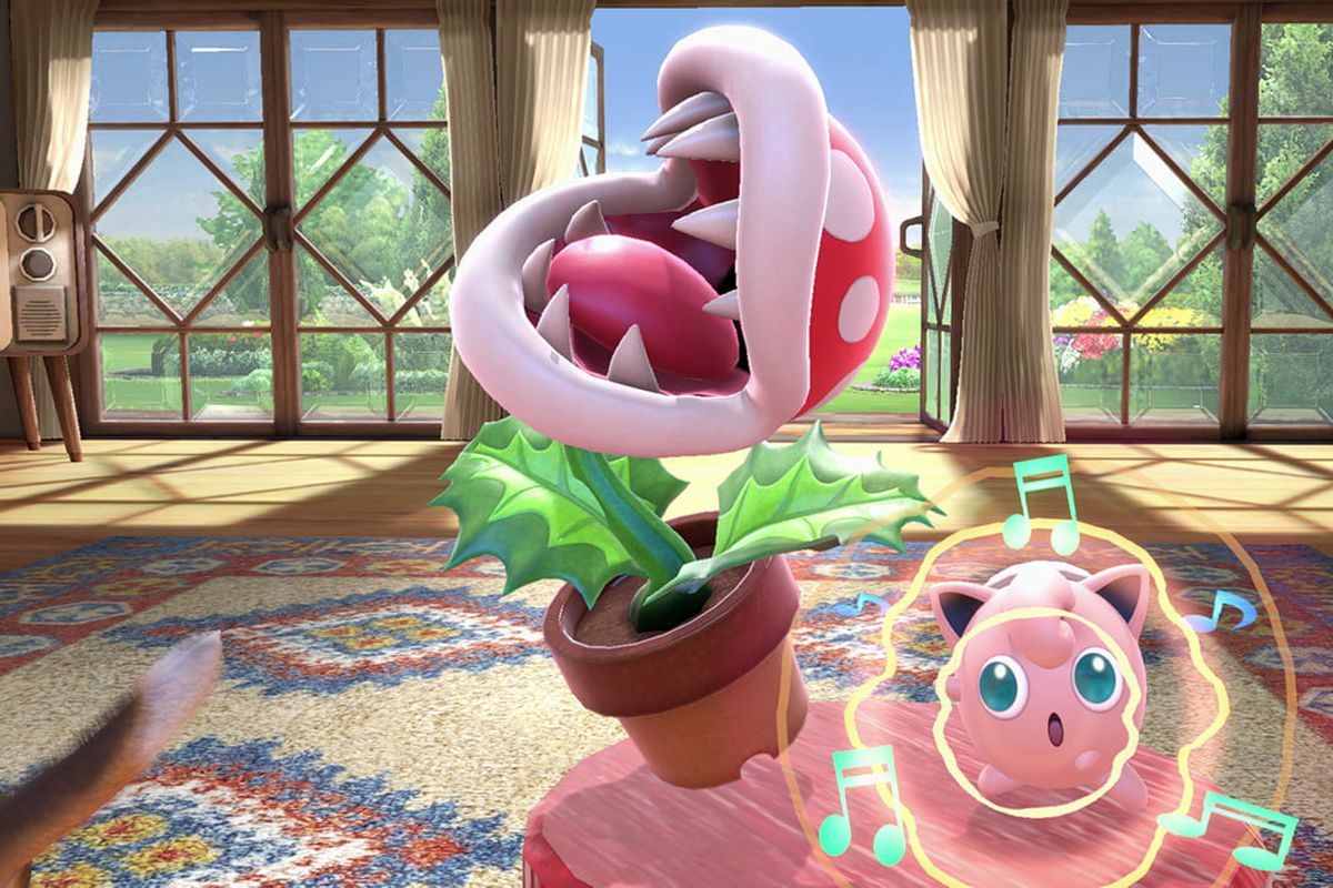 Piranha Plant dances with Jigglypuff in a screenshot from Super Smash Bros. Ultimate.