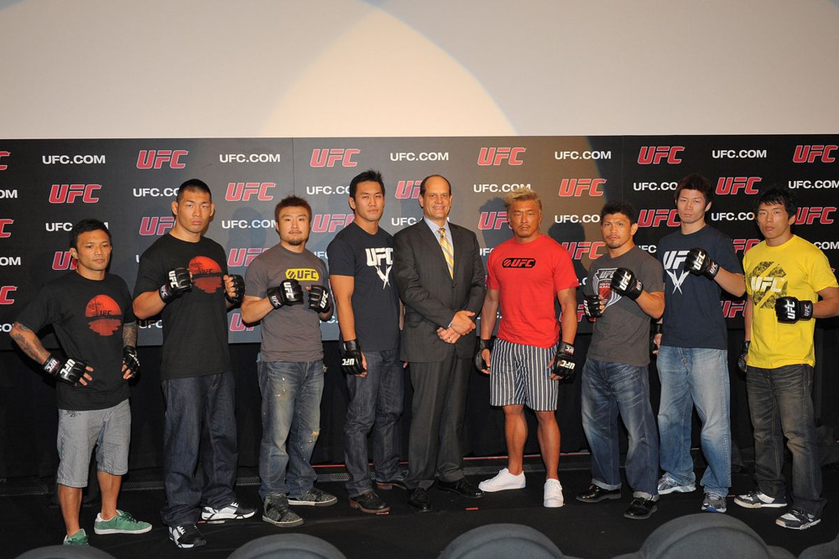 Yushin Okami (center) is one of the most successful Japanese fighters in the history of the Ultimate Fighting Championships, making him an obvious booking for the UFC's return to Japan. (Photo by Koki Nagahama/Getty Images)