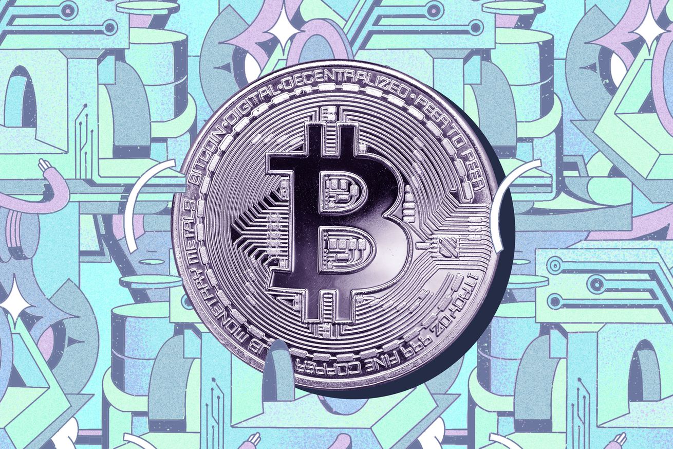A cartoon image of a Bitcoin, superimposed on a background of shapes