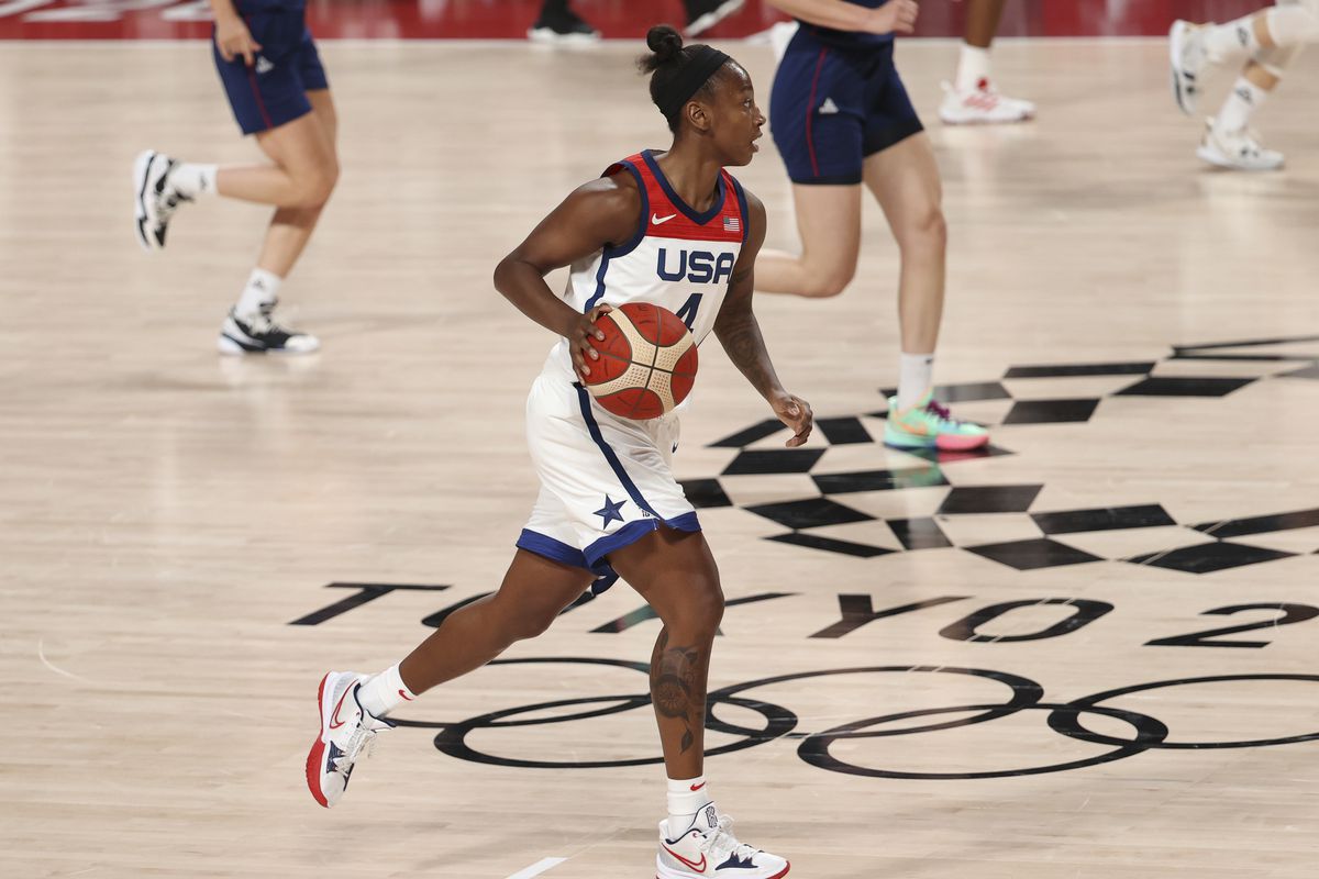 Jewell Loyd of USA during the Women’s Semifinal Basketball game between United States and Serbia on day fourteen of the Tokyo 2020 Olympic Games at Saitama Super Arena on August 6, 2021 in Saitama, Japan.