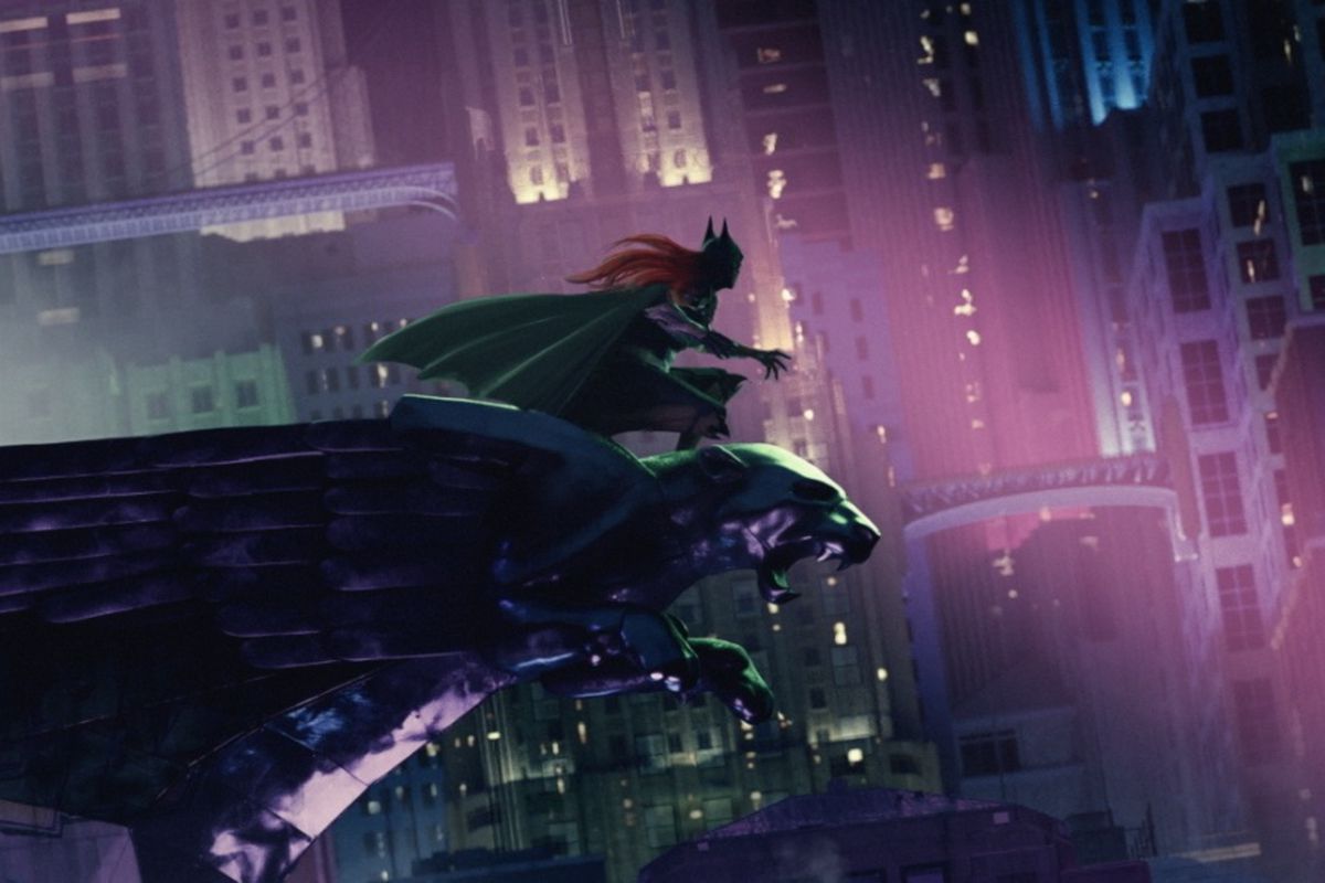 Batgirl movie concept art. She is on a ledge, overlooking high rises. 