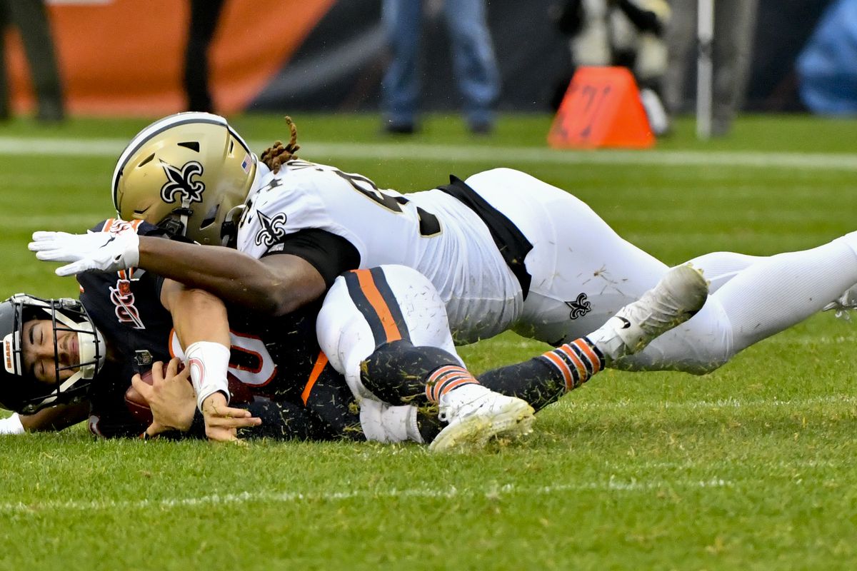 Chicago Bears quarterback Mitchell Trubisky is sacked by New Orleans Saints defensive end Cameron Jordan during the first half at Soldier Field.
