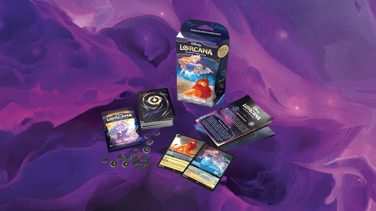 Stock photo of the contents of the Disney Lorcana Starter Deck 