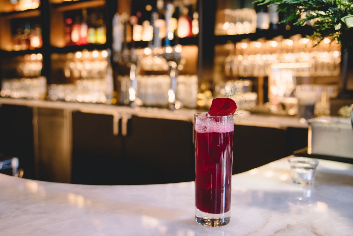 A winter harvest cocktail with Marble vodka, Galliano, beets, and fennel