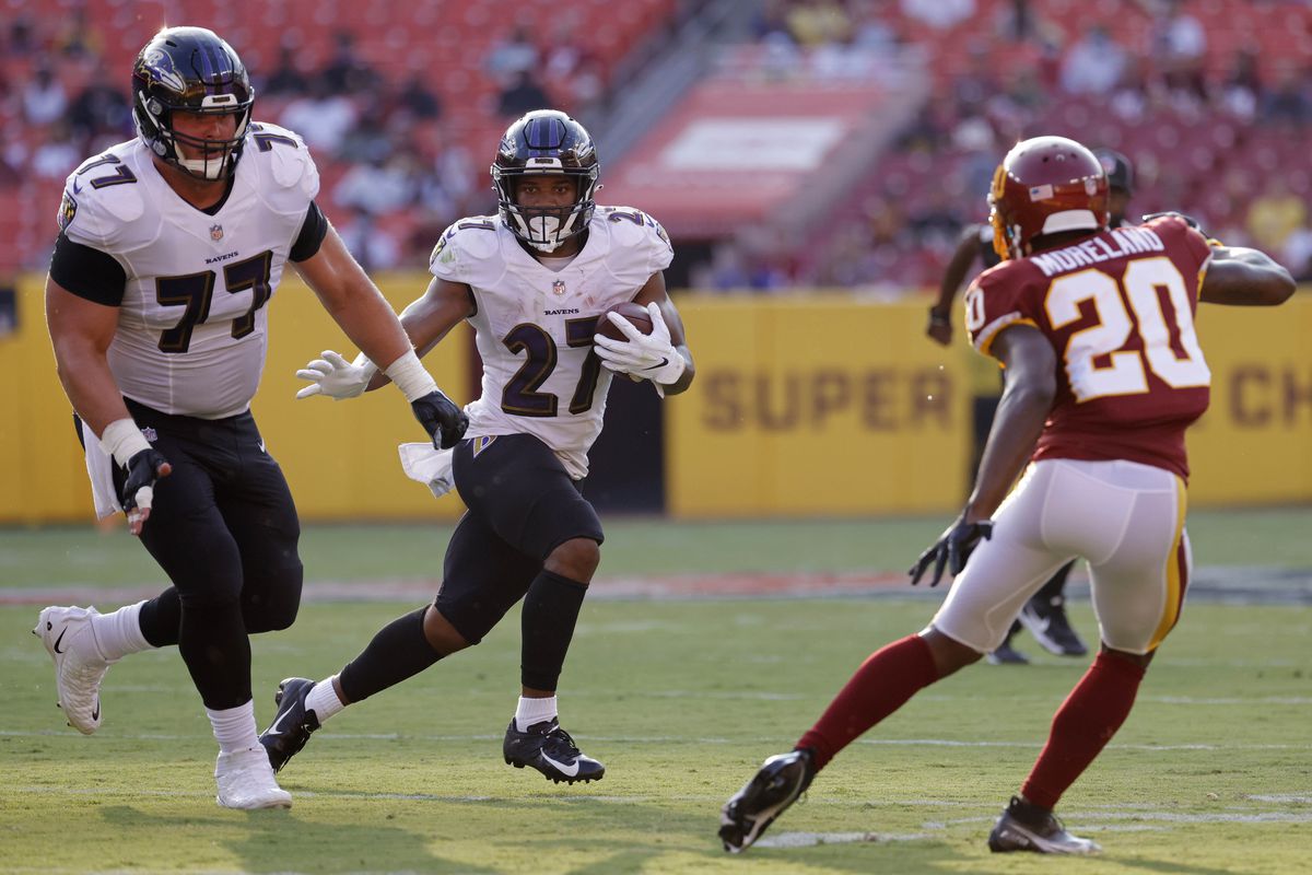 Baltimore Ravens running back J.K. Dobbins (27) carries the ball as Washington Football Team cornerback Kendall Fuller (29) defends in the first quarter at FedExField.