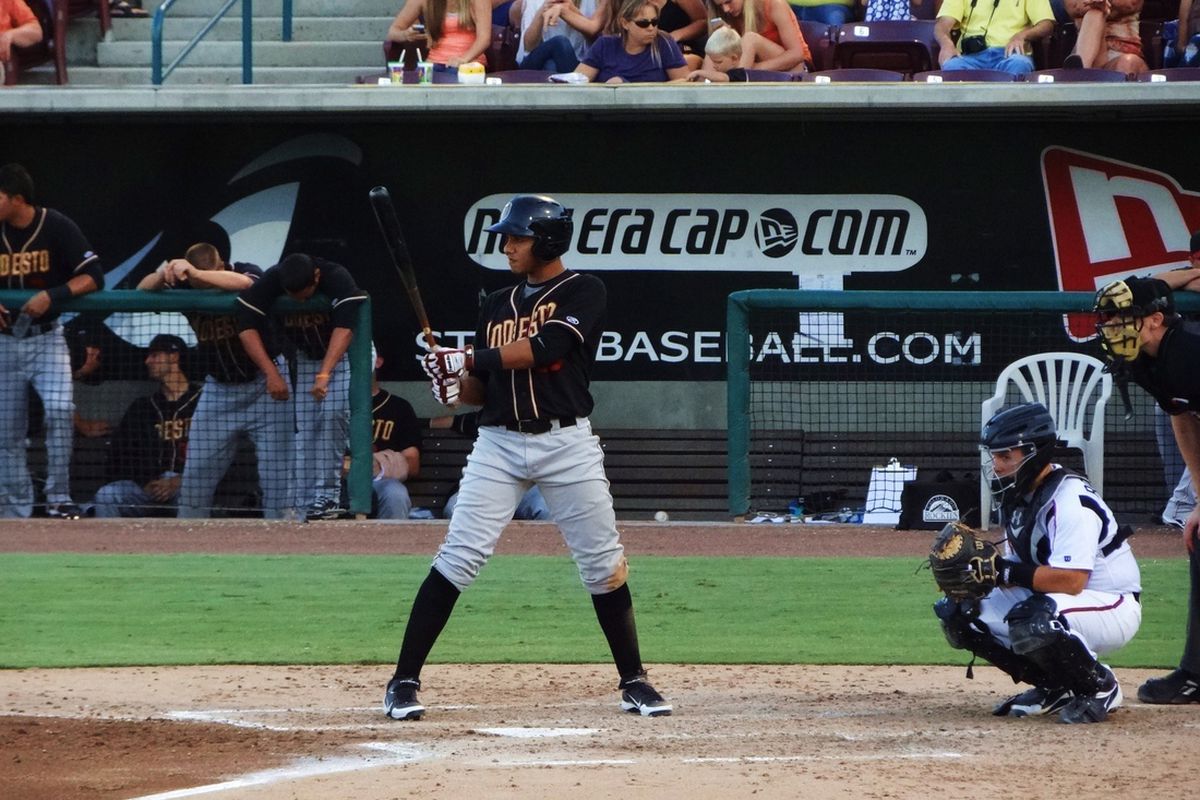 Cristhian Adames, pictured here with Modesto, had three hits including a walk-off single in Tulsa's playoff win over Arkansas.