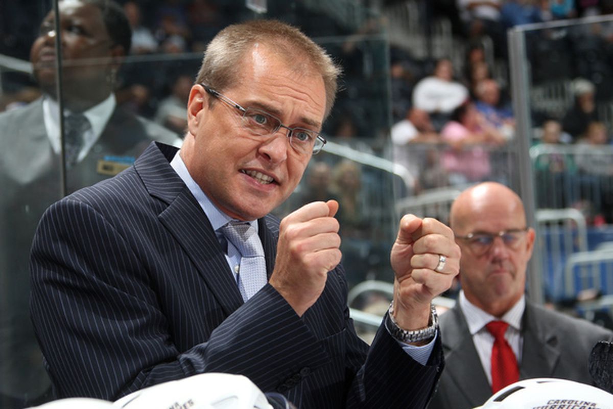 ATLANTA - SEPTEMBER 25: Head Coach Paul Maurice of the Carolina Hurricanes discusses a play during the game against the Atlanta Thrashers at Philips Arena on September 25 2010 in Atlanta Georgia. (Photo by Scott Cunningham/Getty Images)