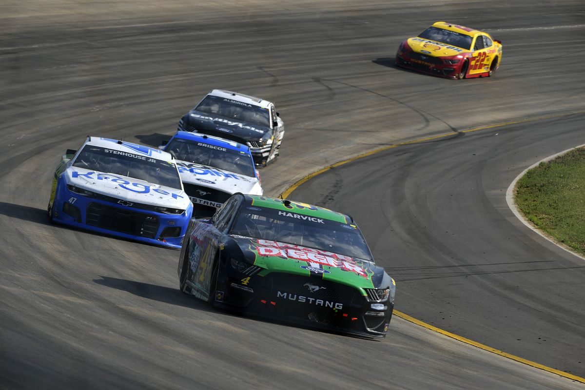 Kevin Harvick, driver of the #4 Grave Digger Ford, leads the field during the NASCAR Cup Series Ally 400 at Nashville Superspeedway on June 20, 2021 in Lebanon, Tennessee.
