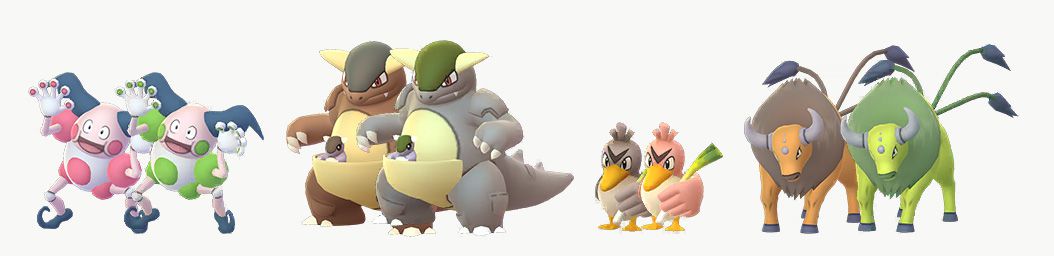 Mr. Mime, Kangaskhan, Farfetch’d, and Tauros sit with their Shiny variants in Pokémon Go