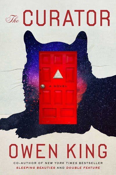 The cover image of Owen King’s The Curator, featuring a cat silhouette filled in with both the galaxy and a red door.
