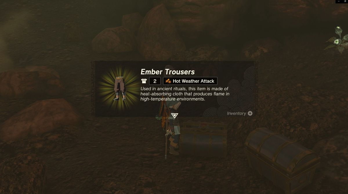 Link opens a chest containing Ember Trousers in Misko’s Cave of Chests in The Legend of Zelda: Tears of the Kingdom