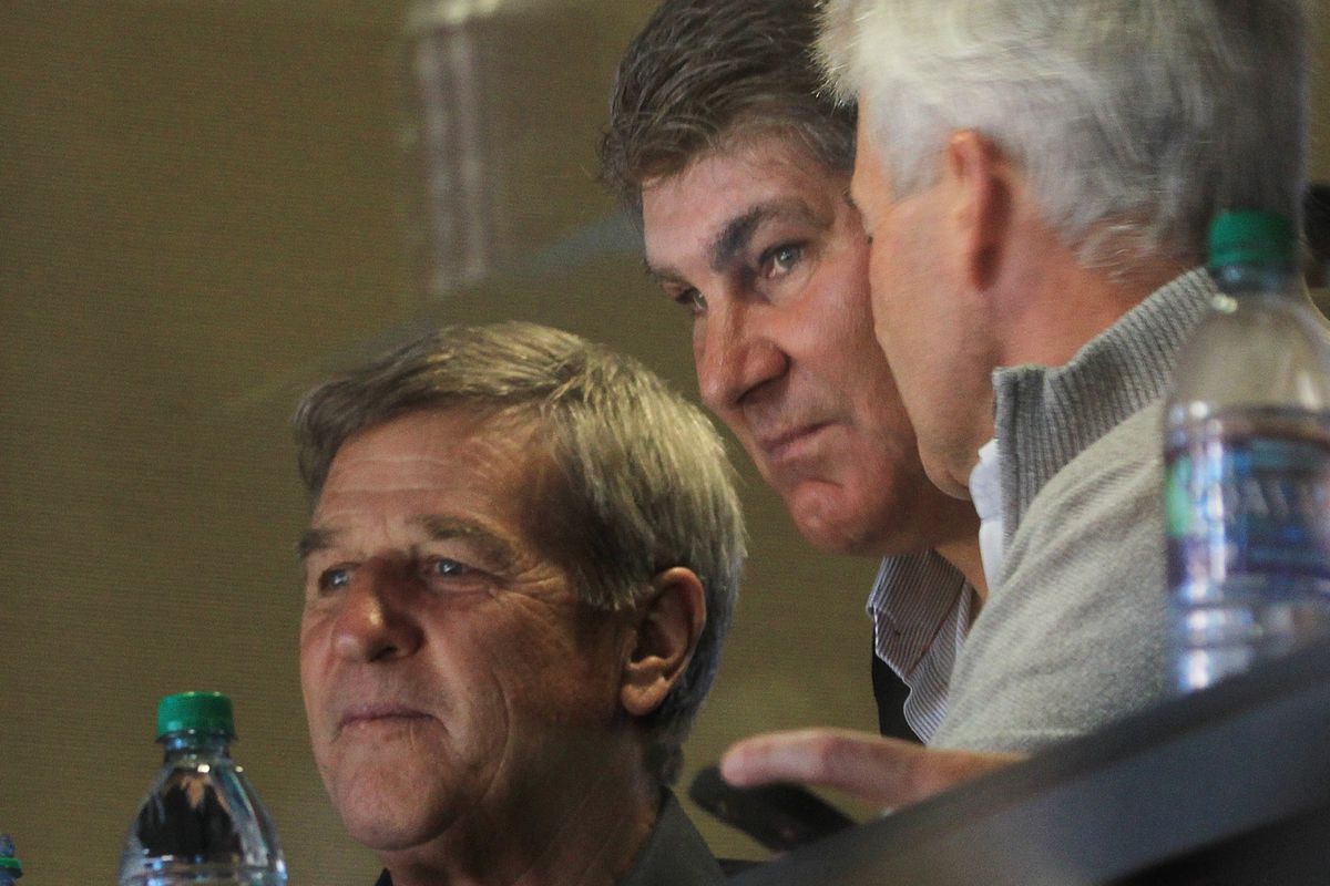 Bobby Orr and Raymond Bourque watch the Bruins