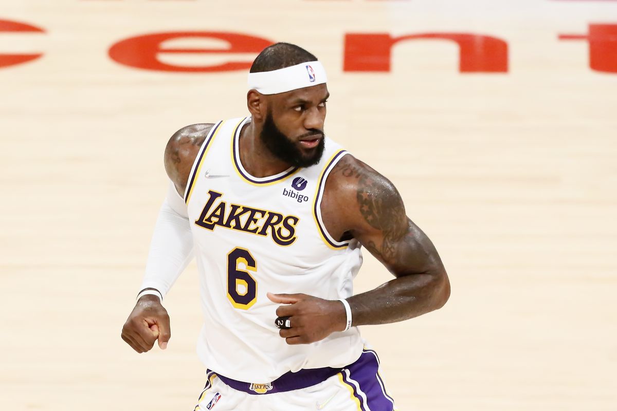LeBron James #6 of the Los Angeles Lakers looks on during a game at the STAPLES Center on October 24, 2021 in Los Angeles, California.&nbsp;