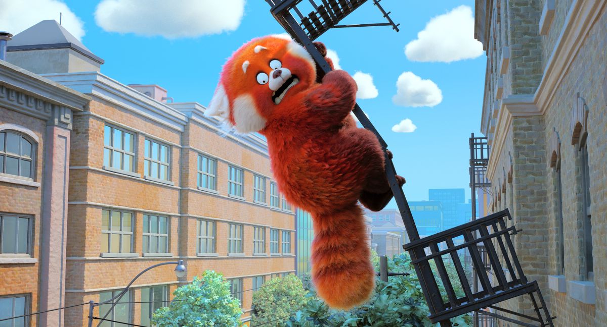 A giant red panda holds onto a falling exterior staircase in Turning Red.