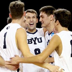 BYU players celebrate a point as they play Cal Baptist University Saturday, Feb. 7, 2015, at BYU in the Smith Field House in Provo.
