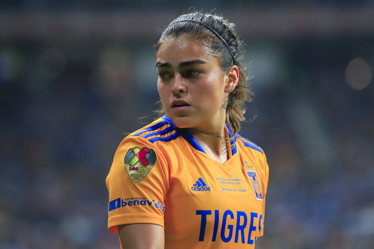 Natalia Villareal of Tigres looks on during the final first leg match between Monterrey and Tigres UANL as part of the Torneo Grita Mexico A21 Liga MX Femenil at BBVA Stadium on December 17, 2021 in Monterrey, Mexico.