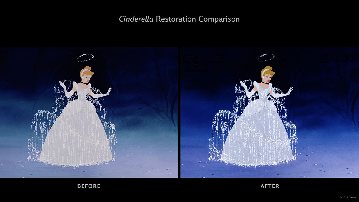 A side-by-side of two versions of Cinderella, one where the colors are warped, and one where they are closer to the ashy blonde and silver dress of the original