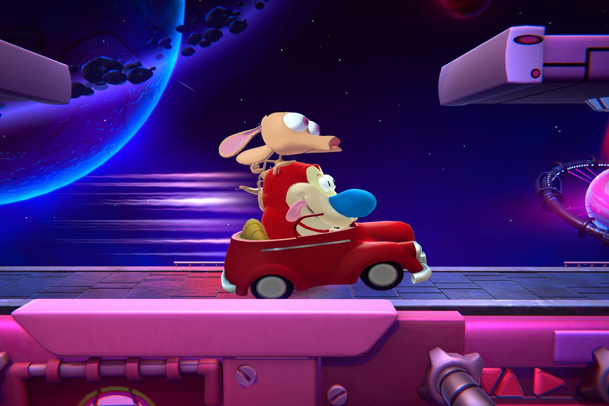 Nickelodeon cartoon characters Ren &amp; Stimpy shown in a speeding car in Nickelodeon All-Star Brawl