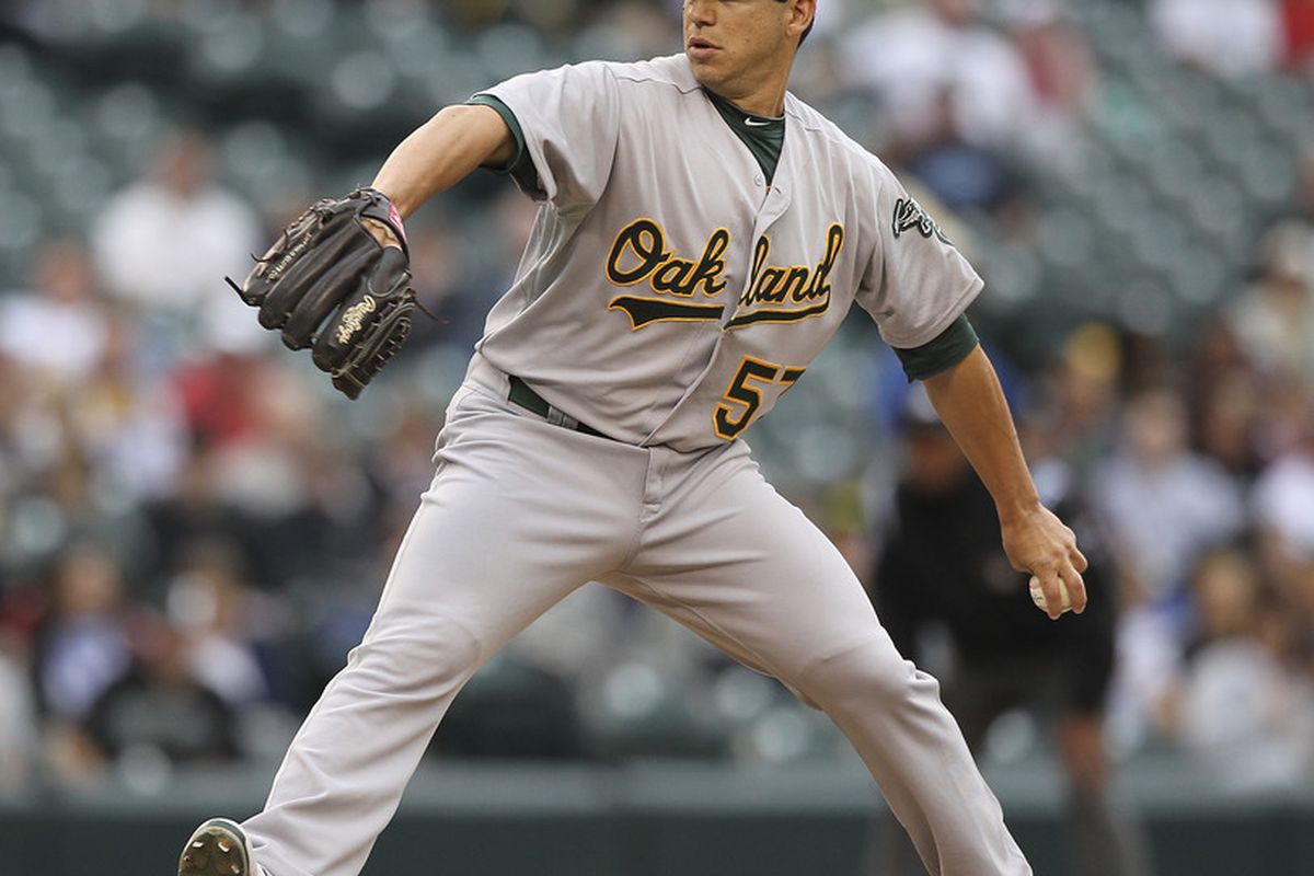 SEATTLE, WA - JUNE 25:  Tom Milone #57 of the Oakland Athletics pitches against the Seattle Mariners at Safeco Field on June 25, 2012 in Seattle, Washington. (Photo by Otto Greule Jr/Getty Images)