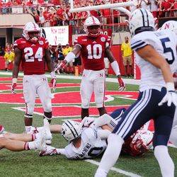 Brigham Young Cougars wide receiver Mitch Mathews (10) catches the game winning hail mary touchdown against Nebraska in Lincoln, NE Saturday, Sept. 5, 2015. BYU won 33-28.