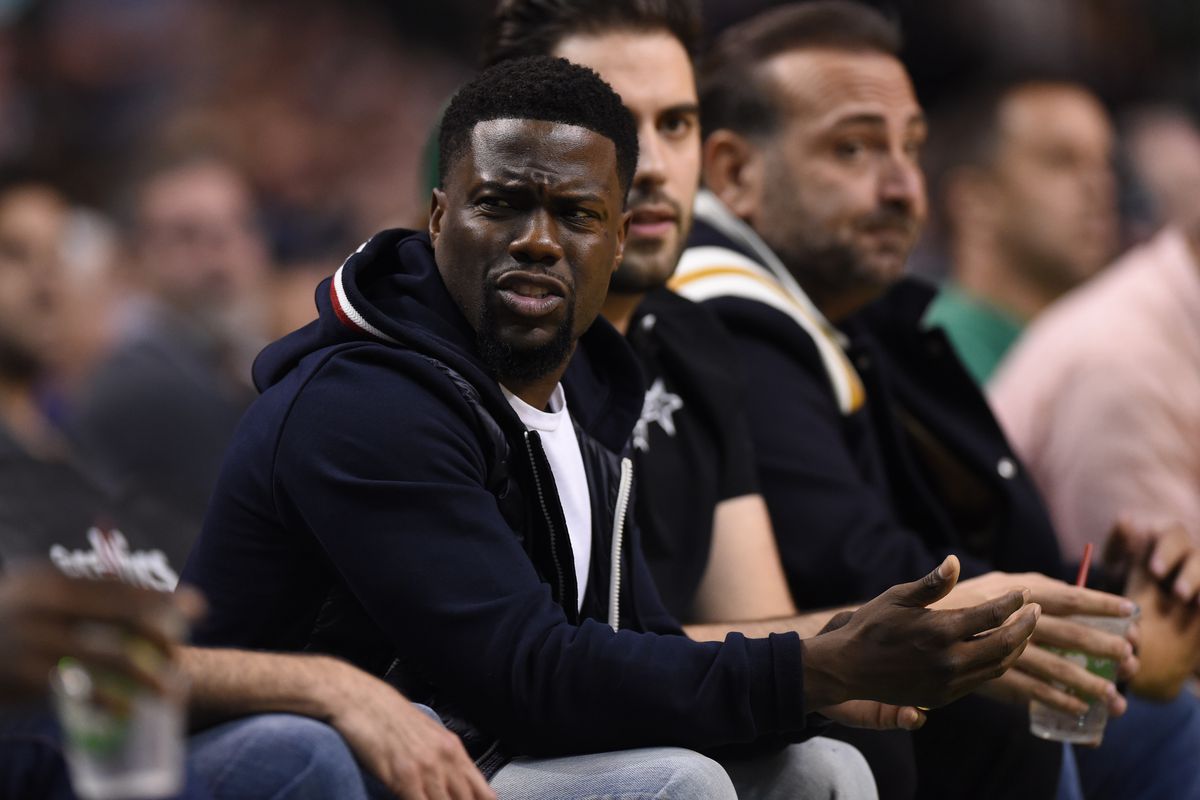 American actor Kevin Hart in attendance watches game action between the Boston Celtics and the Philadelphia 76ers in game two of the second round of the 2018 NBA Playoffs at TD Garden.&nbsp;