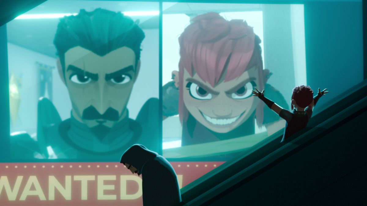 Nimona, a short, red-haired girl, stands on an escalator waving her arms in the air in excitement as Ballister Boldheart, a goateed knight concealed in a cloak and hood, slumps on the escalator below her. On the wall behind them, an immense screen shows their faces and the word “WANTED” in huge bold letters.