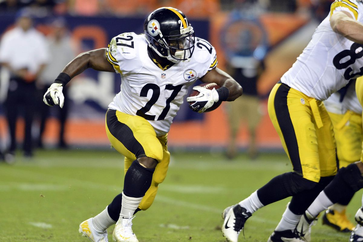 September 9 2012; Denver, CO, USA; Pittsburgh Steelers running back Jonathan Dwyer (27) runs for a touchdown in the fourth quarter against the Denver Broncos at Sports Authority Field. Mandatory Credit: Ron Chenoy-US PRESSWIRE