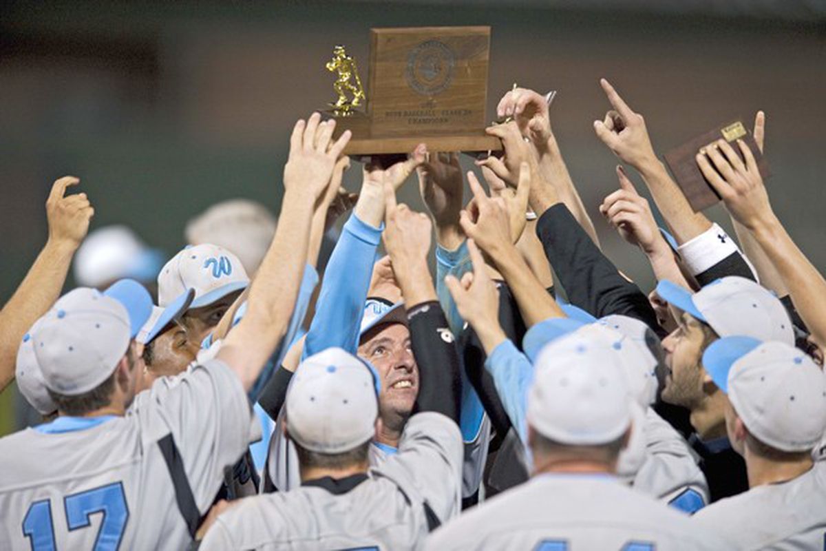 C.M. Wright lifts the Maryland 3A Title trophy after a 4-1 victory over Huntington. Photo via the Baltimore Sun.