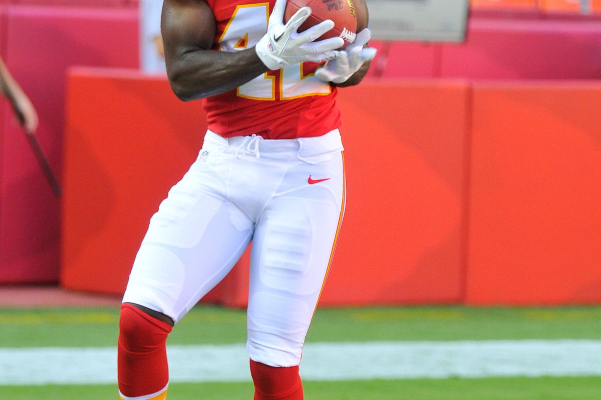 August 10, 2012; Kansas City, MO, USA; Kansas City Chiefs defensive back Jean Fanor (42) warms up before the game against the Arizona Cardinals at Arrowhead Stadium. The Chiefs won 27-17. Mandatory Credit: Denny Medley-US PRESSWIRE