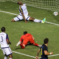 Real Salt Lake's Chris Schuler (28) fails to stop a goal from Inter Milan's Stevan Jovetic in the final moments of a match at Rio Tinto Stadium in Sandy on Tuesday, July 19, 2016.