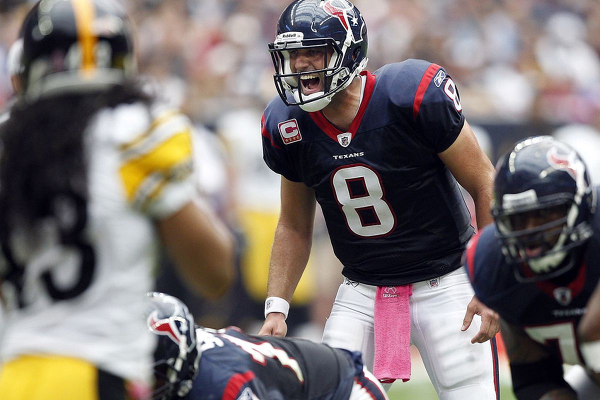 HOUSTON - OCTOBER 02:  Quarterback Matt Schaub #8 of the Houston Texans calls out a play against the Pittsburgh Steelers at Reliant Stadium on October 2, 2011 in Houston, Texas. Houston won 17-10. (Photo by Bob Levey/Getty Images)