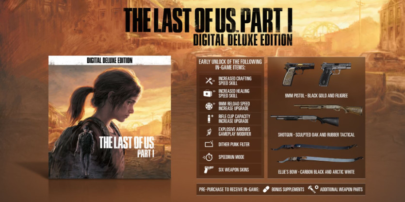 Stock art of everything included in the Digital Deluxe Edition of The Last of Us Part I for PCs