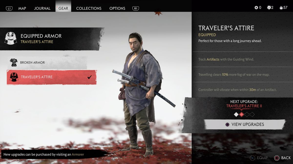 An info screen about the Traveler’s Attire in Ghost of Tsushima