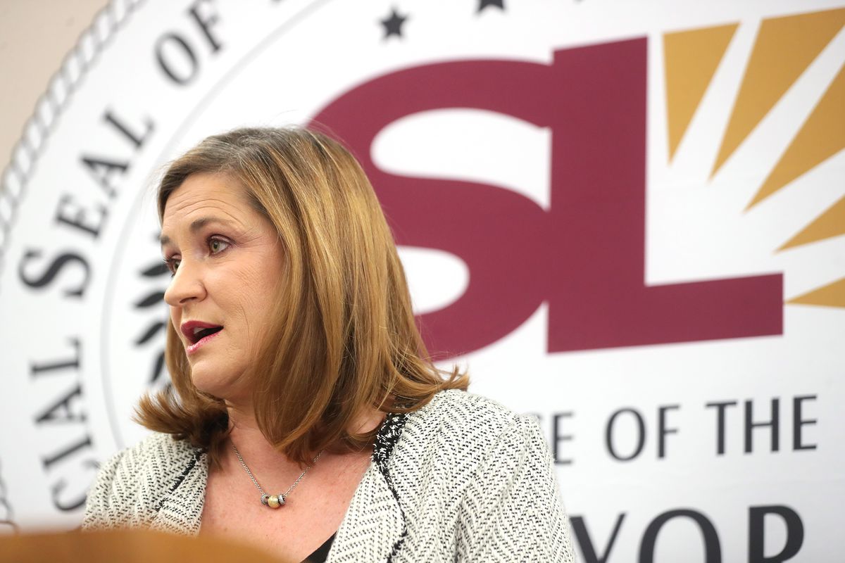 Salt Lake County Mayor Jenny Wilson announces that gun shows held in county buildings must conduct background checks for all gun sales during a news conference at the district attorney’s offices in Salt Lake City on Monday, Dec. 16, 2019.