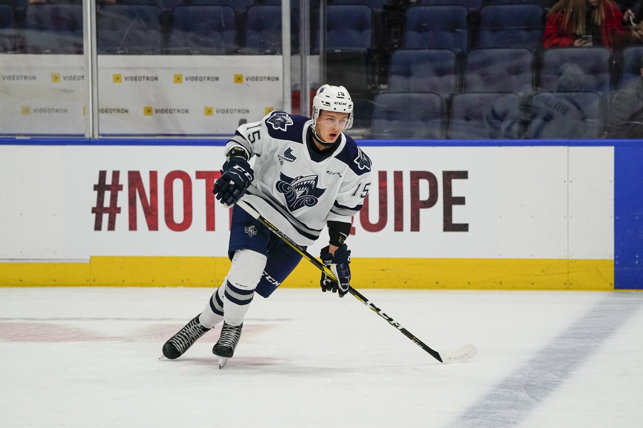 Zachary Bolduc #15 of the Rimouski Oceanic skates prior to his QMJHL hockey game at the Videotron Center on October 18, 2019 in Quebec City, Quebec, Canada.